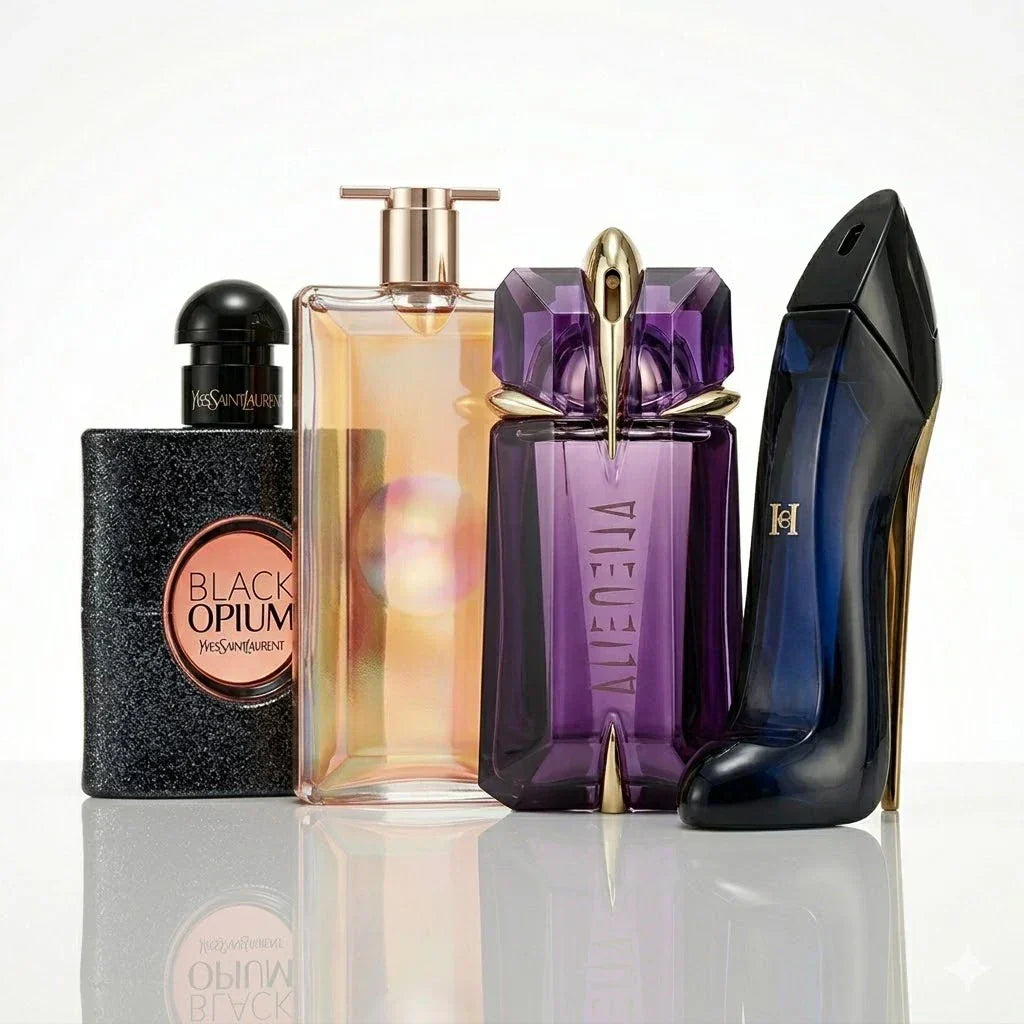Parfümset mit 4 Parfüms | YSL Black Opium, Lancôme Idôle, Mugler Alien, Carolina Herrera Good Girl.