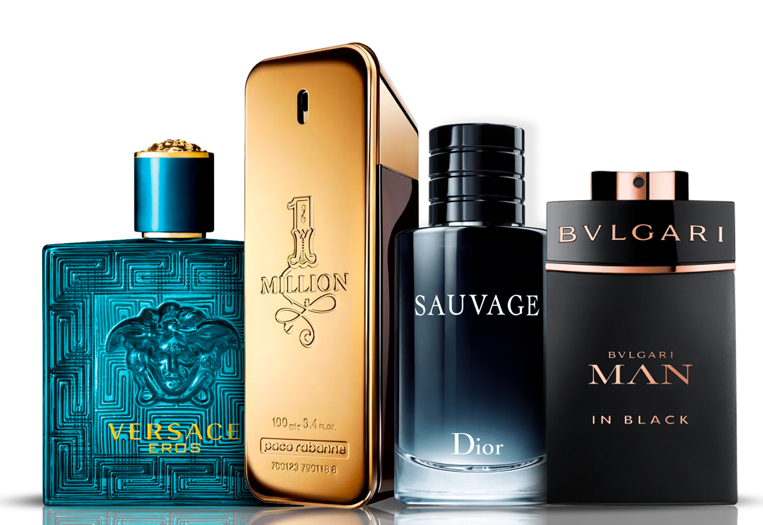 Parfümset mit 4 Parfüms | Eros Versace + One Million Paco Rabanne + Bvlgari Man in Black + Sauvage Dior 100 ml